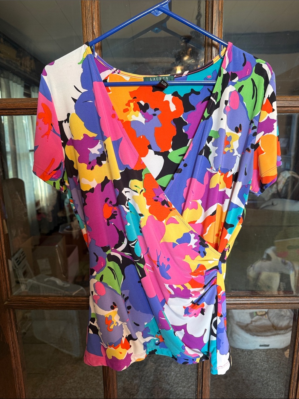 Lauren Ralph Lauren‎ Multicolor Floral Surplice Ruched Wrap Top V-Neck Medium